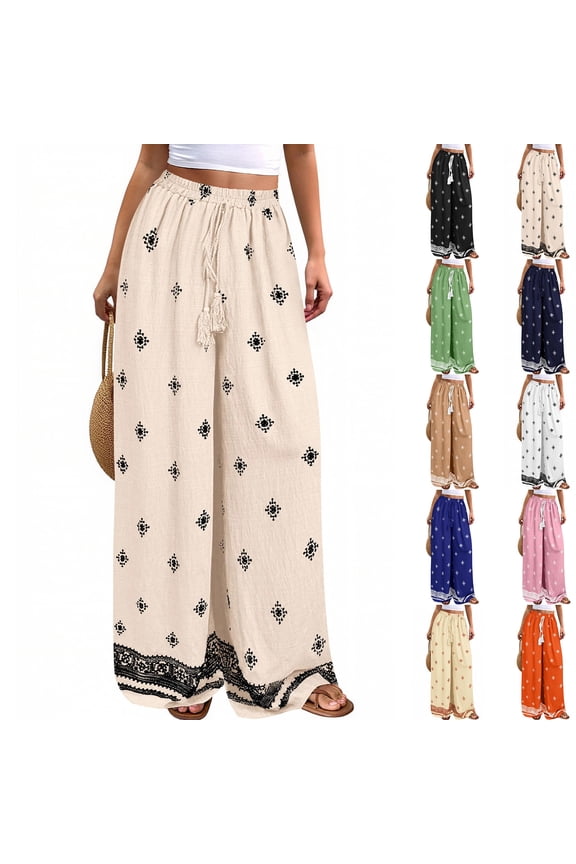 Women's Wide Leg Palazzo Pants 2026 Summer Boho Trousers Flowy Spring Beach Vacation Resort Wear Pants, #01 Beige, L