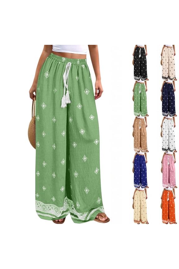Women's Wide Leg Palazzo Pants 2026 Summer Boho Trousers Flowy Spring Beach Vacation Resort Wear Pants, #01 Green, XXL