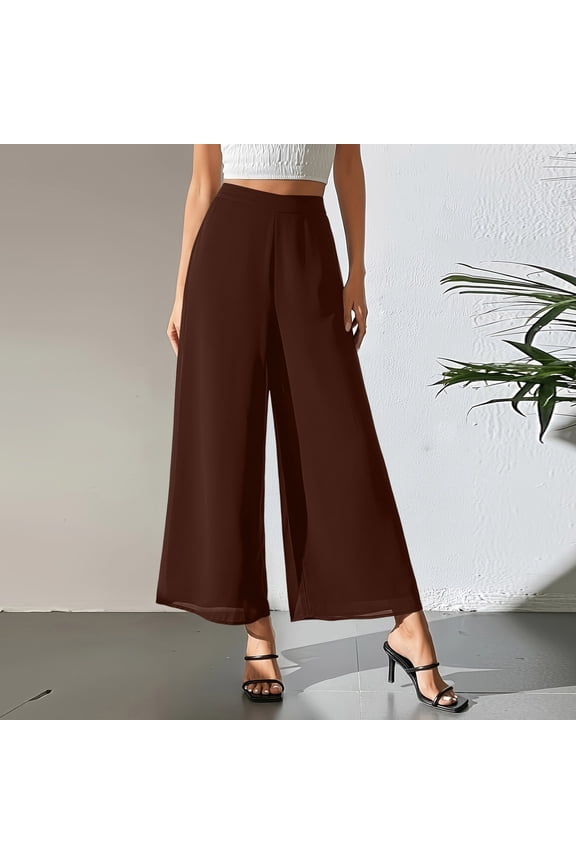 Women's Wide Leg Palazzo Pants Chiffon Flowy Loose Party Wedding Dressy Casual Trousers with Pockets Brown 2XL