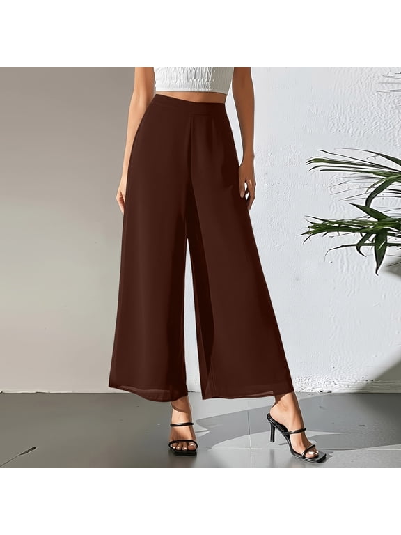 Women's Wide Leg Palazzo Pants Chiffon Flowy Loose Party Wedding Dressy Casual Trousers with Pockets Brown 2XL