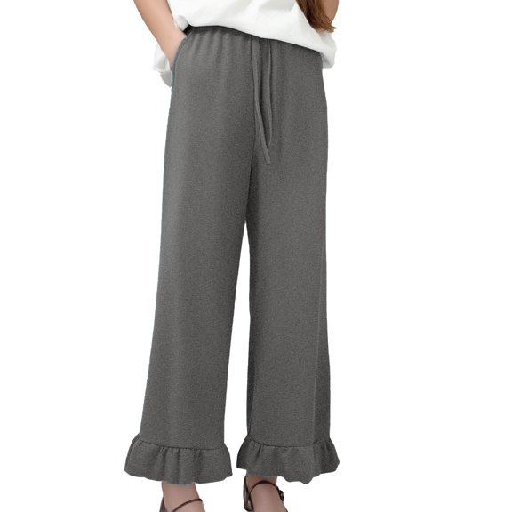 Women's Wide Leg Palazzo Pants Drawstring Elastic High Waist, Ruffle Hem, with Pockets, Comfortable and Stylish for All Seasons