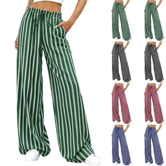 Women's Wide Leg Palazzo Pants Dressy Casual Striped Y2K Baggy Trousers High Waisted Lounge Slacks with Pockets Black S