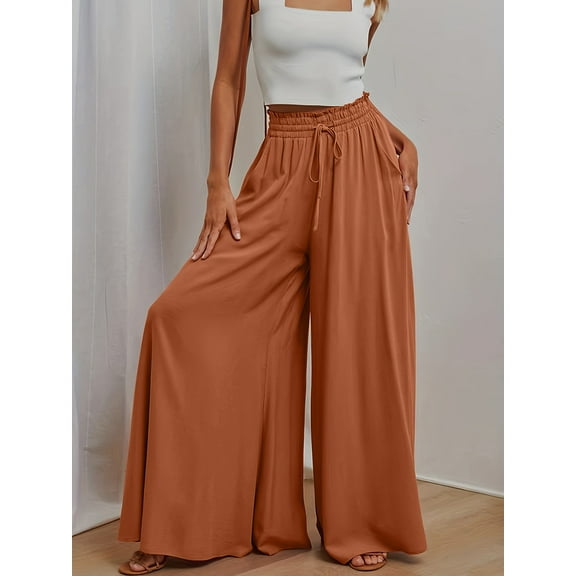 Women's Wide Leg Palazzo Pants, Flowy Ruffle Solid Pants - Comfortable, Breathable Fabric - For Casual & Formal Occasions - Perfect Gift for Women