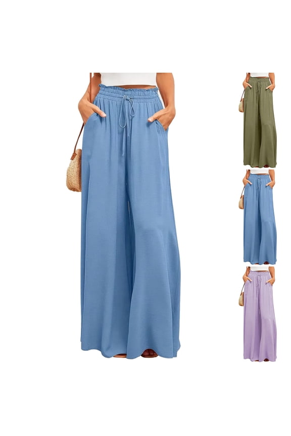 Women's Wide Leg Palazzo Pants High Waisted Flowy Lounge Trousers Cotton Linen Culottes with Pockets Purple L