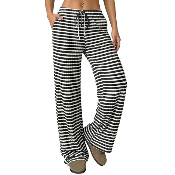 Women’s Wide Leg Palazzo Pants High Waisted Striped Knit Lounge Pants Elastic Waist Drawstring Casual Pajama Trousers