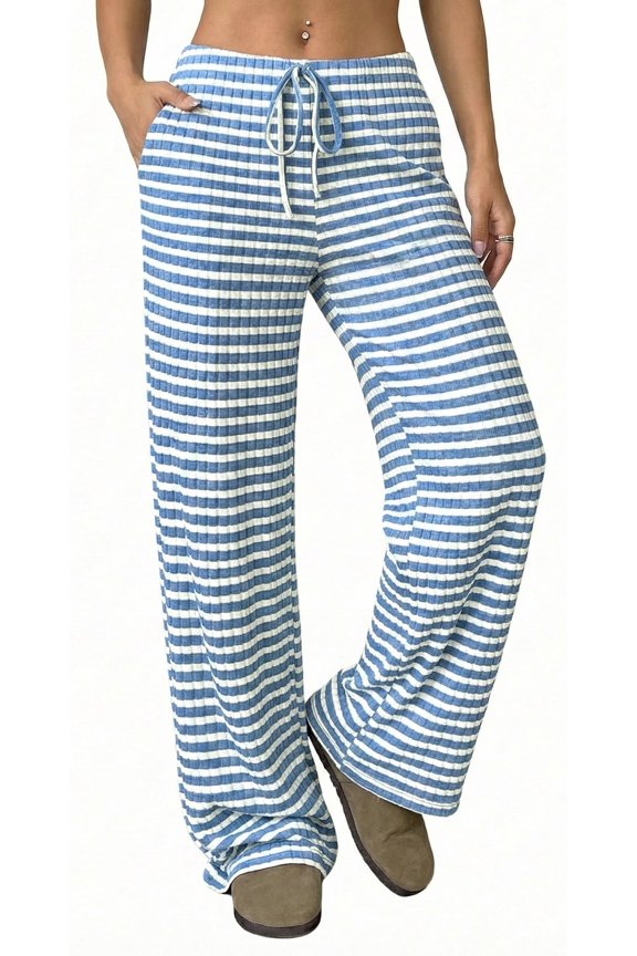 Women’s Wide Leg Palazzo Pants High Waisted Striped Knit Lounge Pants Elastic Waist Drawstring Casual Pajama Trousers