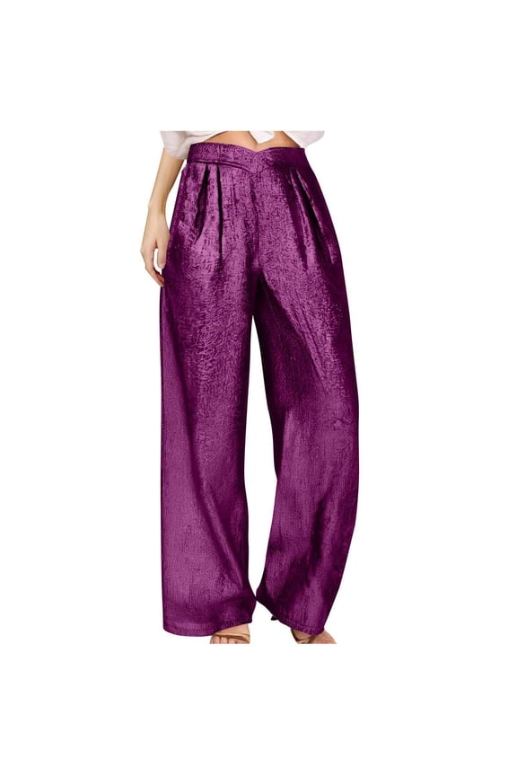 Women's Wide Leg Palazzo Pants Metallic Dressy Casual Shiny Cross High Waist Loose Trendy Trousers with Pockets