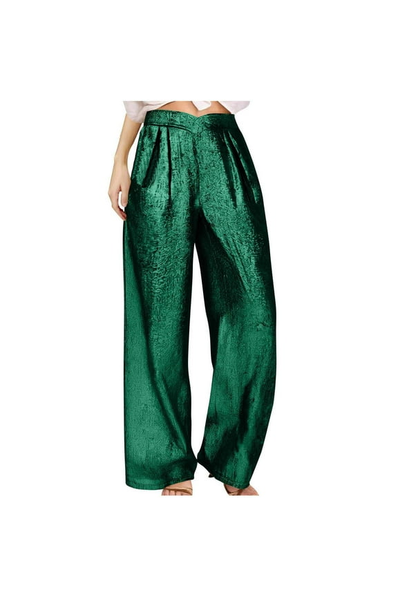 Women's Wide Leg Palazzo Pants Metallic Dressy Casual Shiny Cross High Waist Loose Trendy Trousers with Pockets