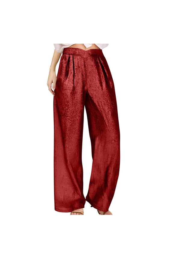 Women's Wide Leg Palazzo Pants Metallic Dressy Casual Shiny Cross High Waist Loose Trendy Trousers with Pockets