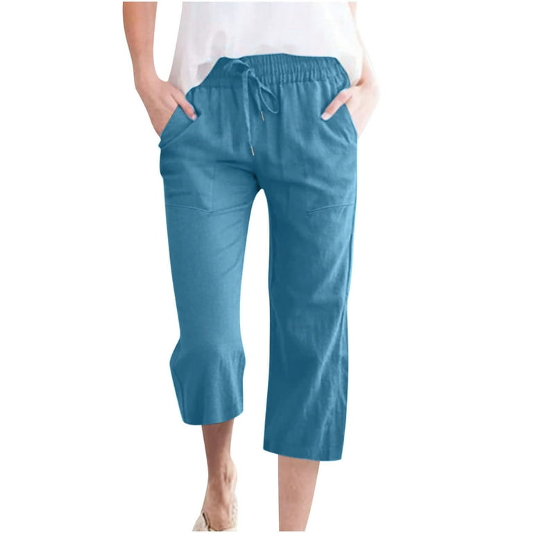 Women's Wide Leg Pants 2023 Pejock Women Summer High Waisted Cotton Linen  Trousers Straight Suit Pants Long Lounge Pant Trousers with Pocket Dark  Blue