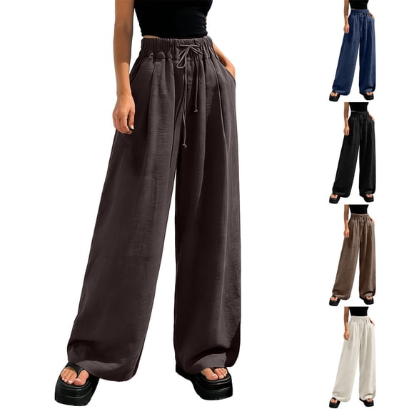 Women's Wide Leg Pants BWASD Linen Cotton Elastic Waist Loose Capris Pants Breathable Casual Lightweight Summer Trousers Brown S-6XL for Travel Vacation Daily Wear