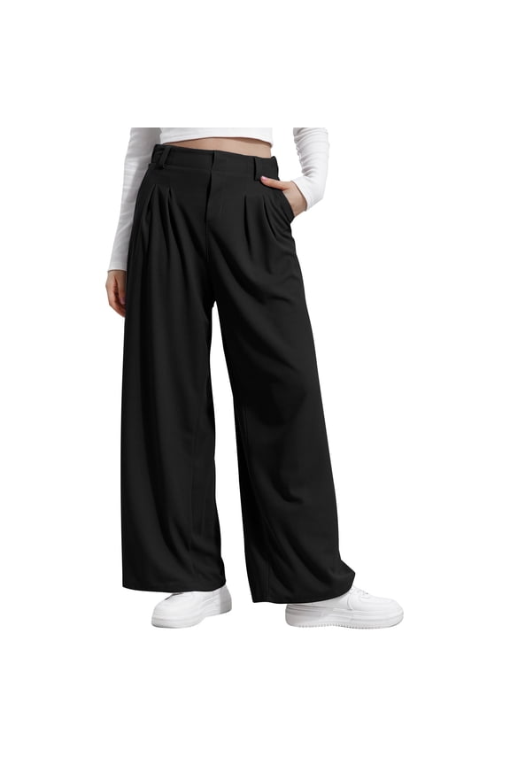 Women's Wide Leg Pants Business Casual Work Dress Pants with Pockets High Waist Pleated Loose Trouser Long Pants (XL, Black)