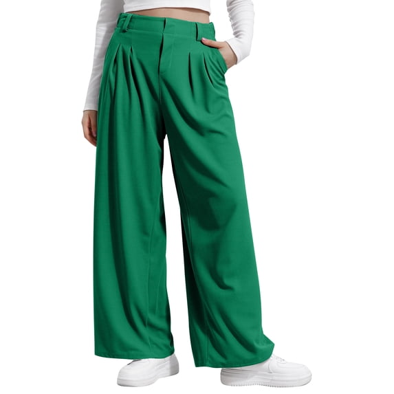 Women's Wide Leg Pants Business Casual Work Dress Pants with Pockets High Waist Pleated Loose Trouser Long Pants (XS, Green)