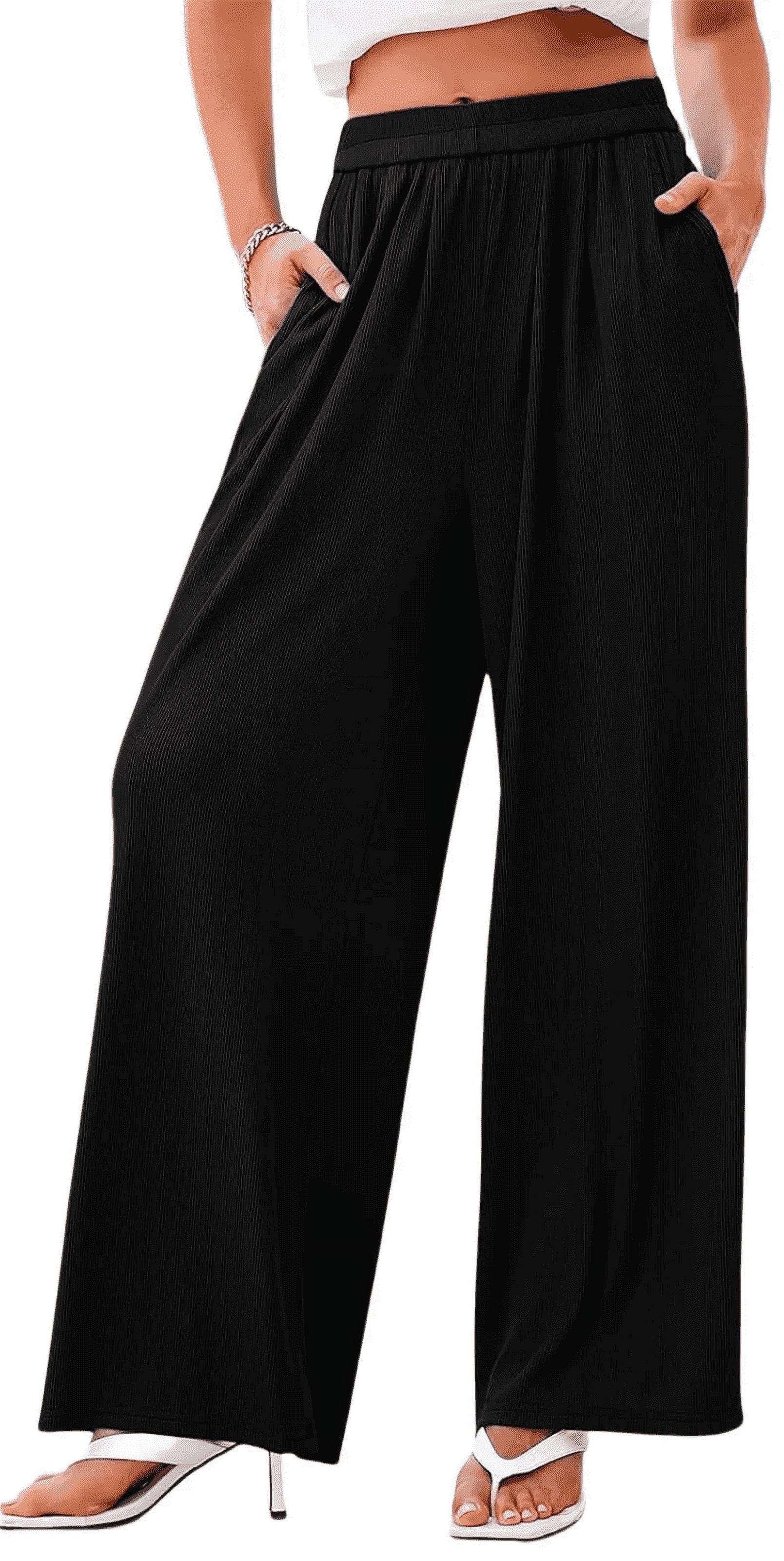 TEMOFON Pants for Women Wide Leg Linen Pant Black Summer Casual Palazzo Flowy Pants with Pocket Drawstring Loose Lightweight Pants M