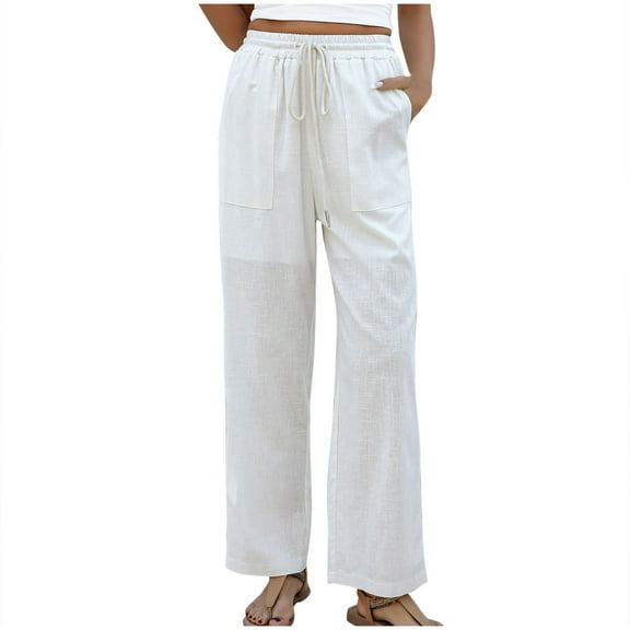 Women's Wide Leg Pants Casual Loose Elastic Waisted Drawsting Trousers with Pockets Lounge Business Pants (S, Beige)