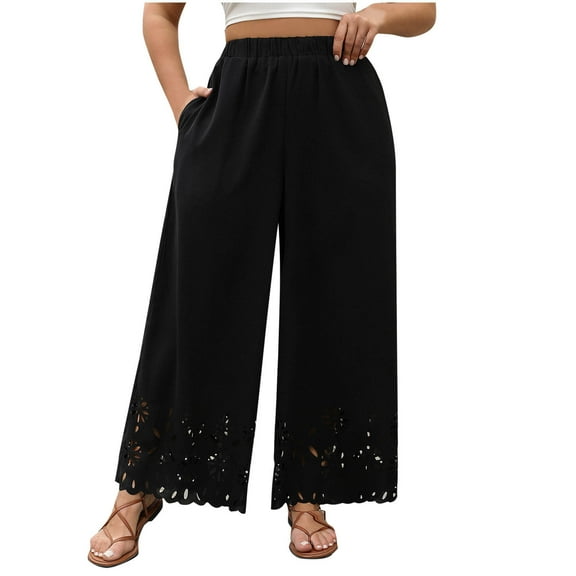 Women's Wide Leg Pants Casual Loose Elastic Waisted Plus Size Pants with Hollowed out Hem Lounge Pants (4XL, Black)