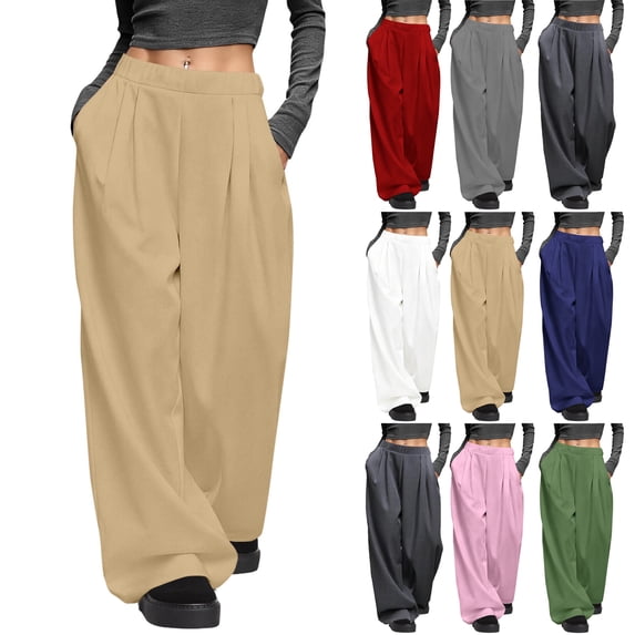 Women's Wide-Leg Pants Casual Loose Solid Color Pleated Stretch Waistband Pockets Outdoor Trendy Curved-Leg Full Lenth Pants S-2XL