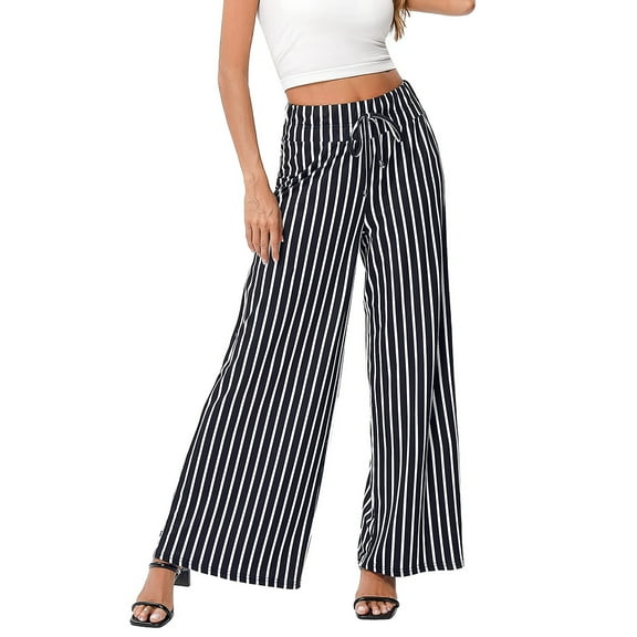 Women's Wide Leg Pants Casual Palazzo Summer Flowy Pants Elastic High Waist Lounge Drawstring Long