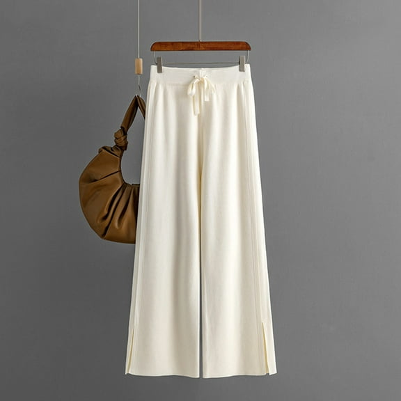 Women's Wide Leg Pants Casual Pant High Waisted Knitted Wide Leg Pants Straight Leg Side Slit Pants Drawstring Elastic Waist Palazzo Pants Pull On Stretchy Wide Leg Pants Casual Soft Trousers Beige