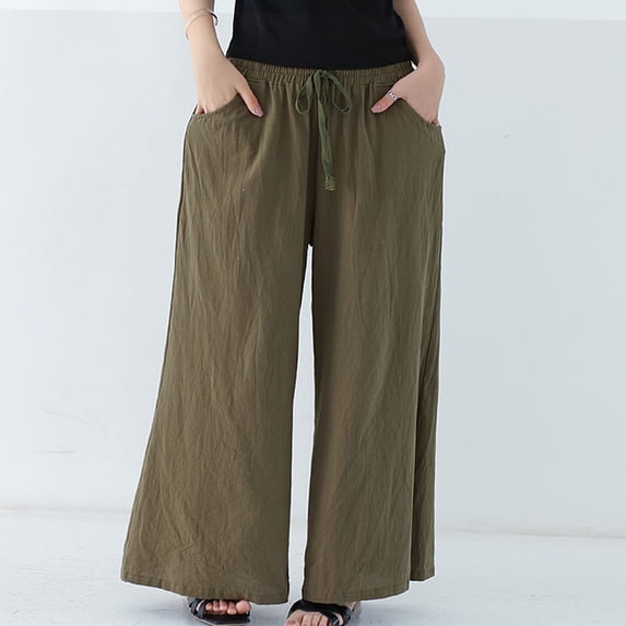 Women's Wide Leg Pants Casual Pant Plus Size Casual High Waisted Cotton Linen Palazzo Pants Drawstring Pull On Loose Fit Palazzo Pants Comfy Elastic Waist Wide Leg Pants Straight Leg Pants Army Green
