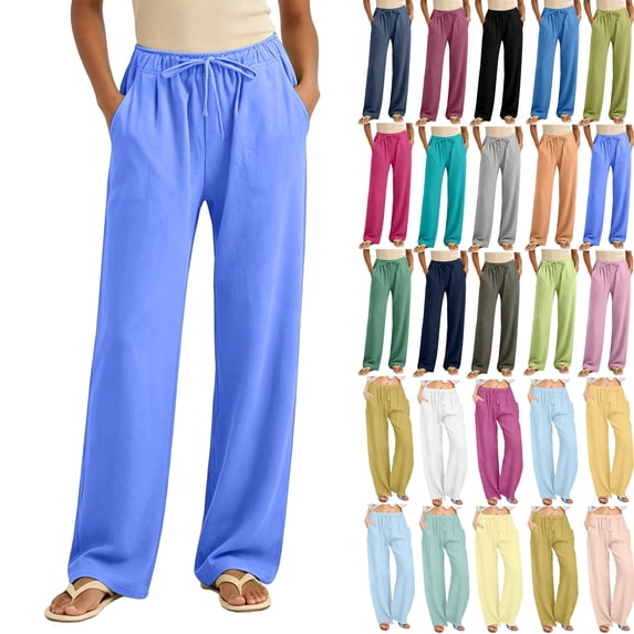 Women's Wide Leg Pants Cotton And Linen Casual Solid Waist Long Pants Drawstring Trousers With Pocket Plus Size Available Summer Beach Vacation Clothes S-3XL
