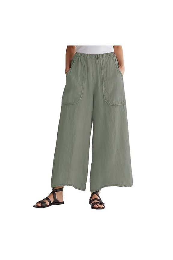 Women's Wide Leg Pants Cotton Linen Summer Casual Loose Fit Beach Palazzo Harem Pants with Pockets Army Green M