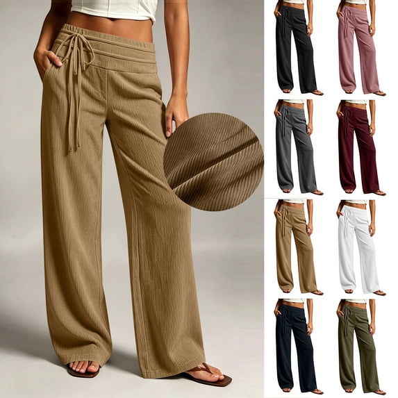 Women's Wide Leg Pants Double Layer Elastic Waist with Front Drawstring,Loose Trousers Side Pockets,Trends Casual Fall Travel Work Outdoor Daily Wear,Beige,XXL