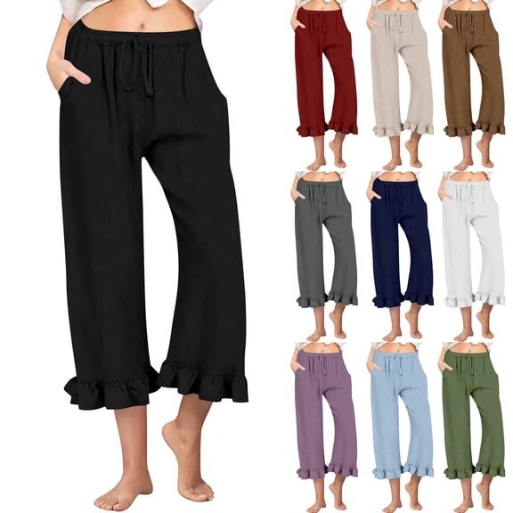 Women's Wide Leg Pants Drawstring Elastic High Waisted Ruffle Hem Palazzo Pants with Pockets, Black XL