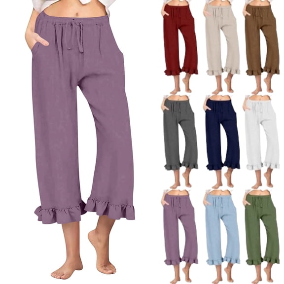 Women's Wide Leg Pants Drawstring Elastic High Waisted Ruffle Hem Palazzo Pants with Pockets, Purple XXL