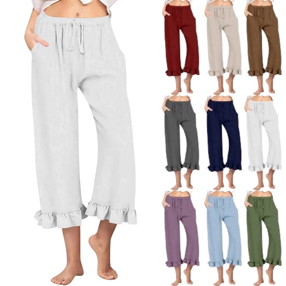 Women's Wide Leg Pants Drawstring Elastic High Waisted Ruffle Hem Palazzo Pants with Pockets, White L