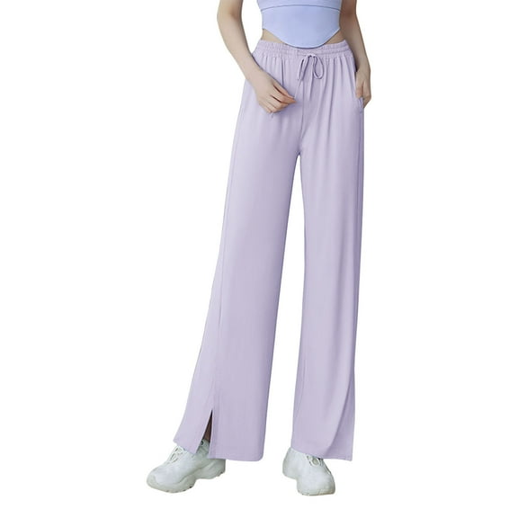 Women's Wide Leg Pants Elastic High Waist Drawstring Wide Leg Front Slit Trousers Casual Loose Lightweight Outfits (S, Purple)