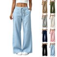 thumbnail image 1 of Women's Wide Leg Pants Elastic High Waist Linen Solid Color Pants, Drawstring Casual Loose Trousers with Large Patch Pockets, Flow Floor Length Lightweight Beach Vacation Palazzo Pants, 1 of 6