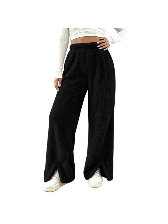 Women's Wide Leg Pants Elastic High Waist Split Hem Plush Trousers Womens Pants,Plush Fabric,Cozy Warmth,Solid Color,With Pockets,Casual,Loose,Home Daily Wear,Fall Winter Clothes