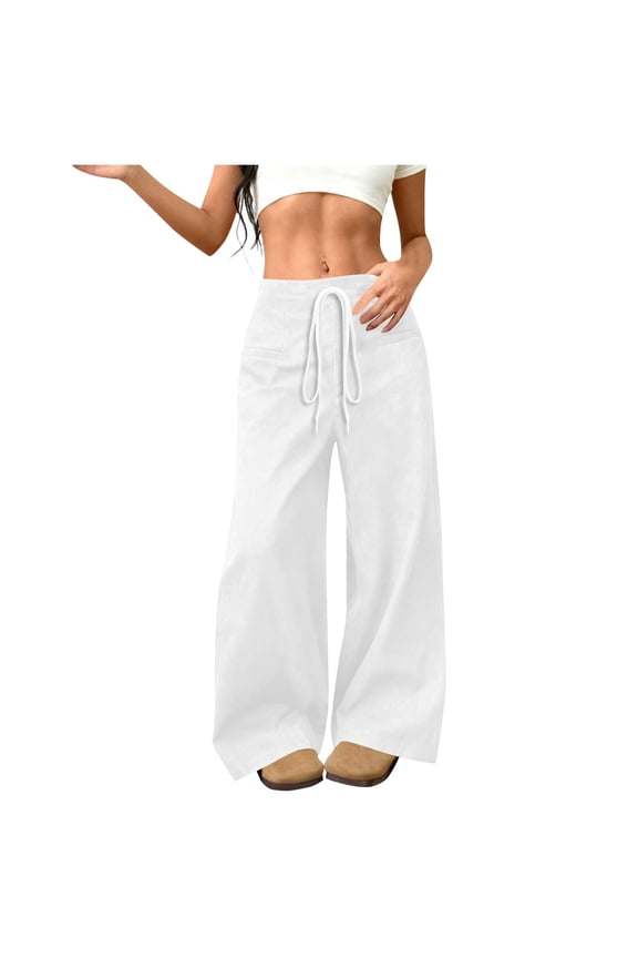 Women's Wide Leg Pants Faux Suede High Waist Barrel Palazzo Pants Casual Waistband Drawstring Comfy Baggy Trousers White