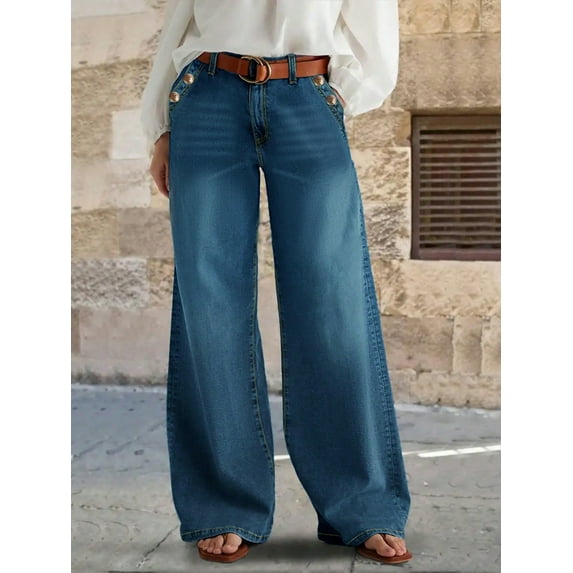 Women's Wide Leg Pants Flared Jeans Double Breasted Stitched Low Waisted Loose Comfortable Casual Denim