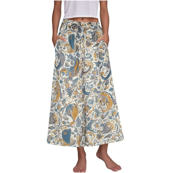 Women's Wide Leg Pants Floral Printed Flowy Drawsting Pants with Pockets Casual Loose Comfortable Lounge Pants (L, Beige 1)