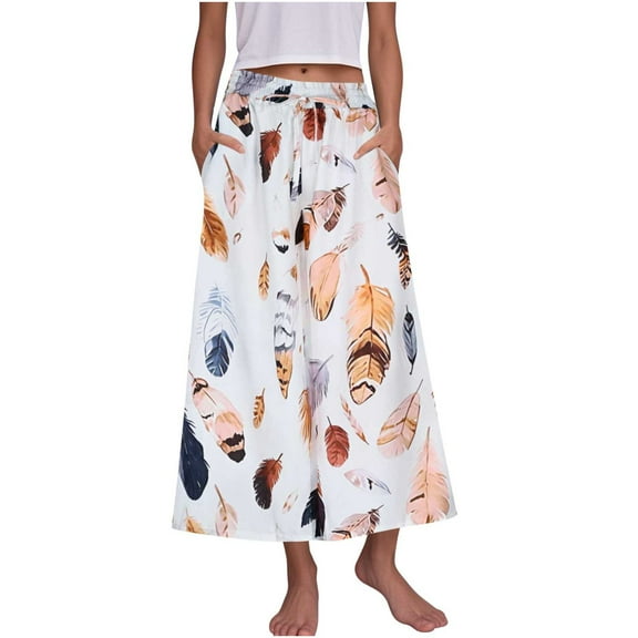 Women's Wide Leg Pants Floral Printed Flowy Drawsting Pants with Pockets Casual Loose Comfortable Lounge Pants (M, White)