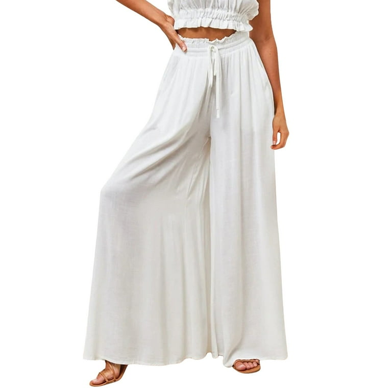 Women's Pant Women's Wide Leg Pants Flowy Drape Ruffle Drawstring Waist  Pants White XL