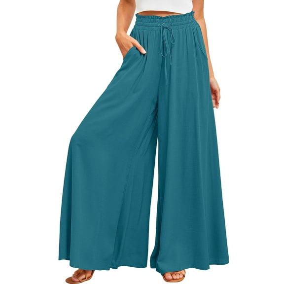 Women's Wide Leg Pants Flowy Drape Ruffle Solid Color Drawstring Waist Pants Womens plus Size Casual Pants with Pockets Womens Sweatpants Tall Work Wear for Women Loose Pants for Women Elastic Waist