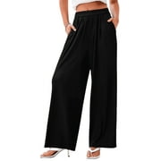 MLDRA Women's Wide Leg Pants Palazzo Flowy Dressy Casual Elastic High Waist Loose Ladies Lounge Trousers with Pockets Black
