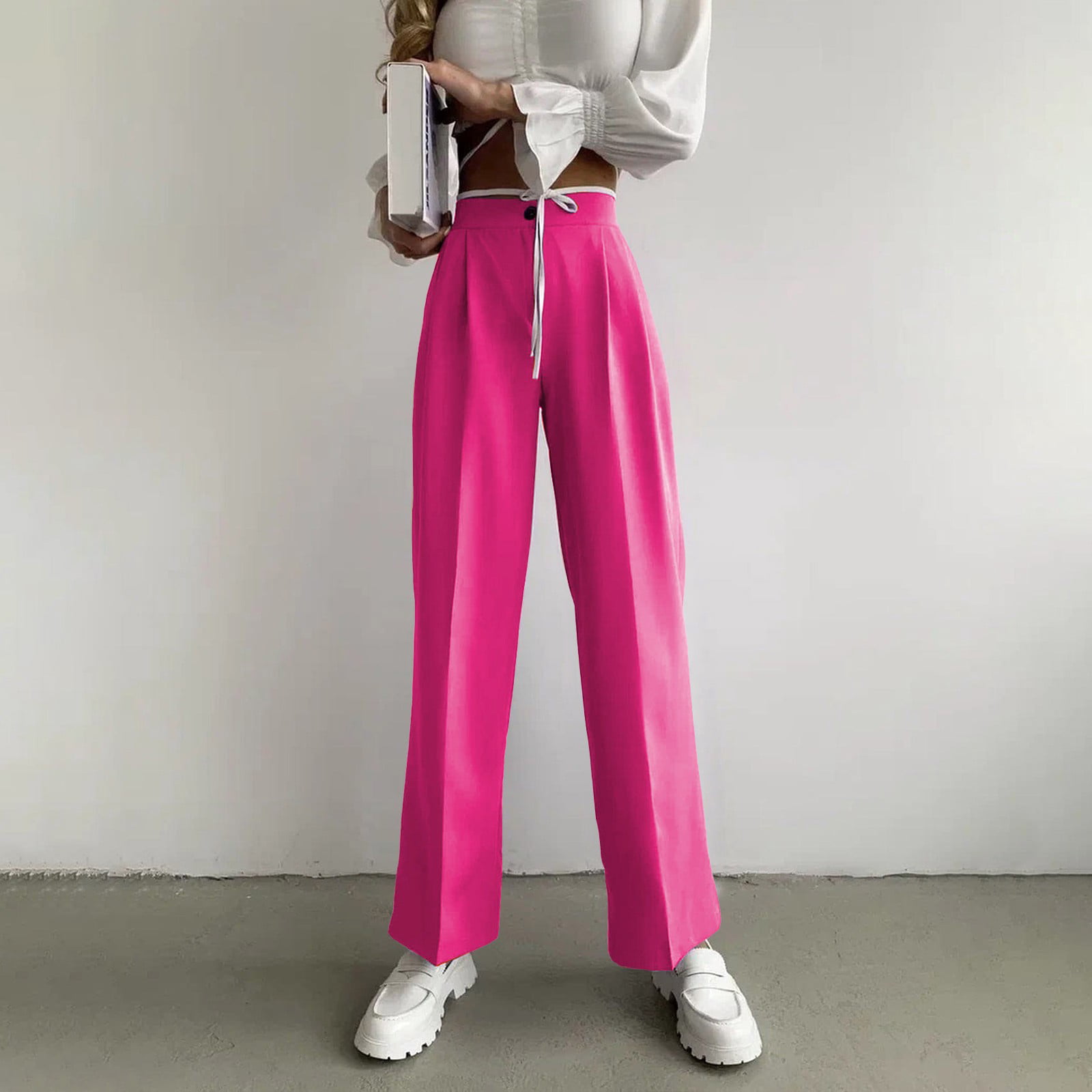 Bright Pink Satin High Waist Wide Leg Trousers
