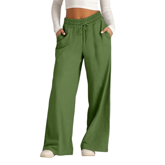 Women's Wide Leg Pants High Waisted Beach Palazzo Pants Soft Drawstring Trousers with Pockets Green M