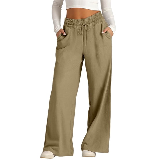 Women's Wide Leg Pants High Waisted Beach Palazzo Pants Soft Drawstring Trousers with Pockets Khaki S