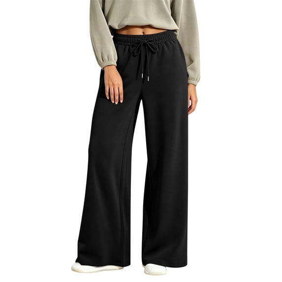 Women's Wide Leg Pants High Waisted Drawstring Elastic Waist Casual Loose Palazzo Solid Color Trousers with Pockets