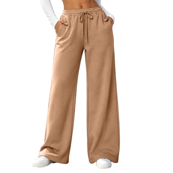 Women's Wide Leg Pants High Waisted Drawstring Elastic Waist Loose Fit Solid Color Palazzo Lounge Trousers with Pockets