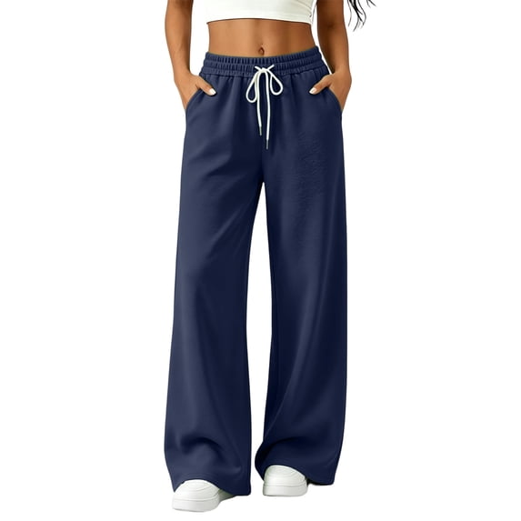 Women's Wide Leg Pants High Waisted Drawstring Elastic Waist Solid Color Loose Palazzo Lounge Pants with Pockets