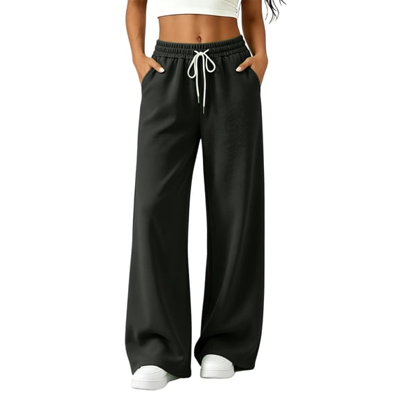 Women's Wide Leg Pants High Waisted Drawstring Elastic Waist Solid Color Loose Palazzo Lounge Pants with Pockets