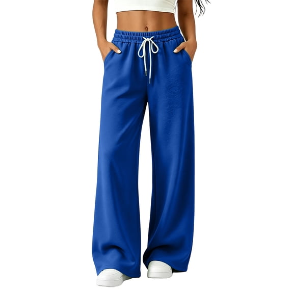 Women's Wide Leg Pants High Waisted Drawstring Elastic Waist Solid Color Loose Palazzo Lounge Pants with Pockets