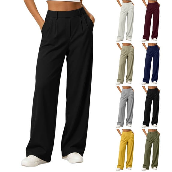 Women's Wide Leg Pants High Waisted Elastic Stretchy Pleated Pull On Dress Casual Loose Pants With Pockets Daily Commute Work Wear