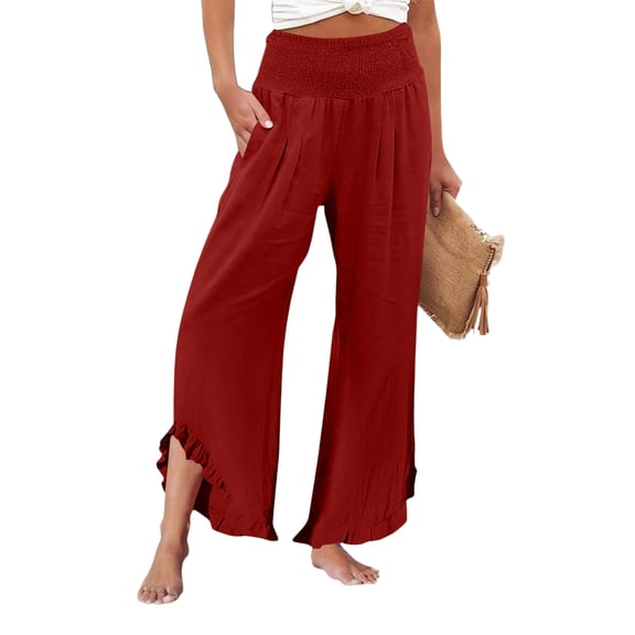 Women’s Wide Leg Pants High Waisted Flowy Fashion Spring Female Long Trouser Pants Ruffle Hem Design